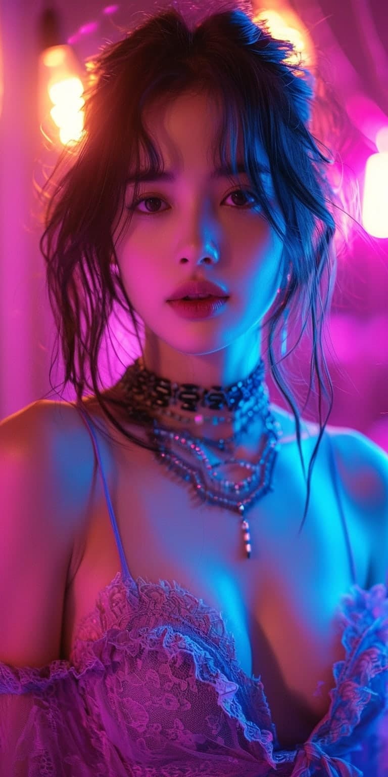 Midjourney prompt: asian girl wearing an elegant top or dress at nigh...
