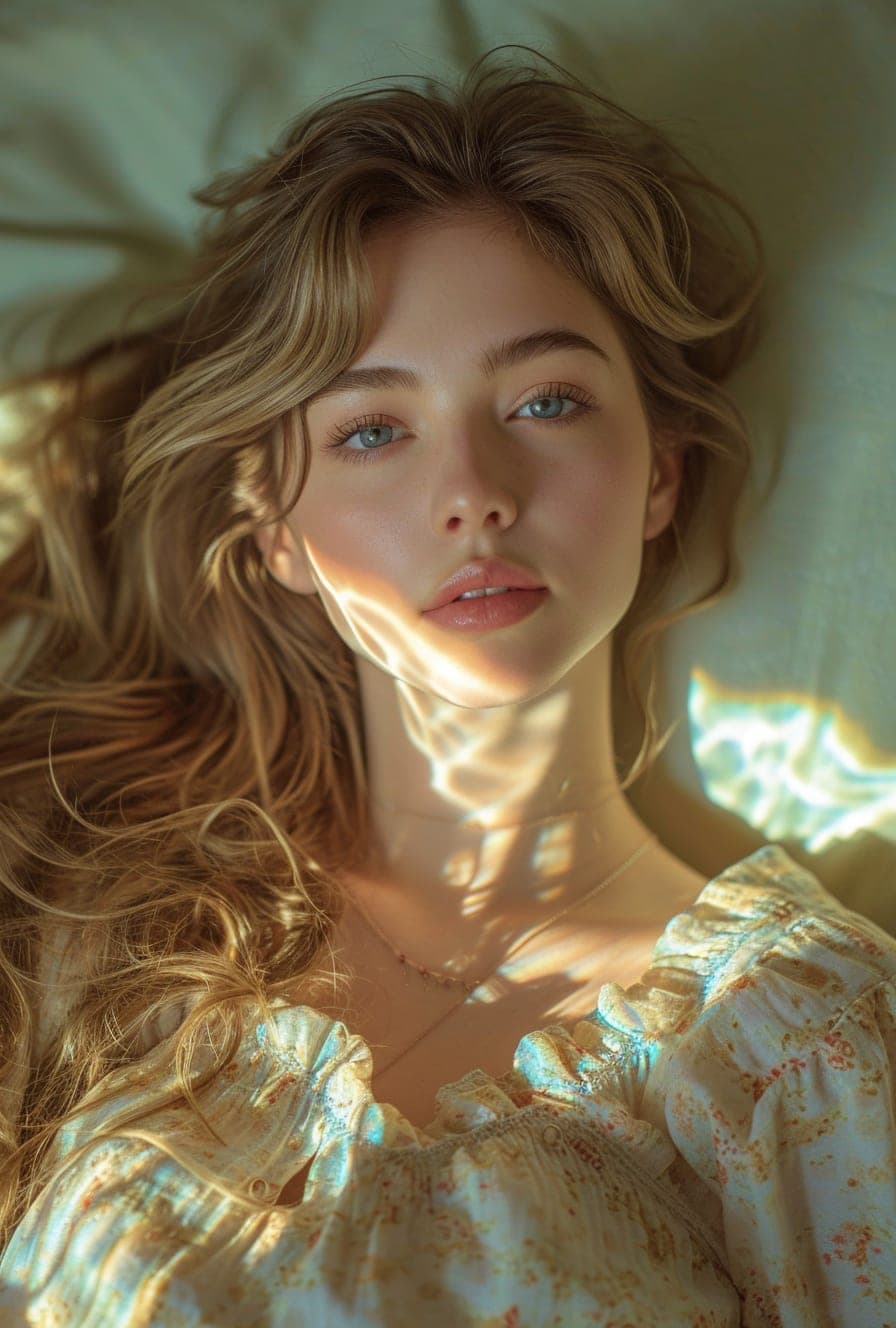 Midjourney prompt: a woman with long hair laying in bed, in the style... - Midjourney