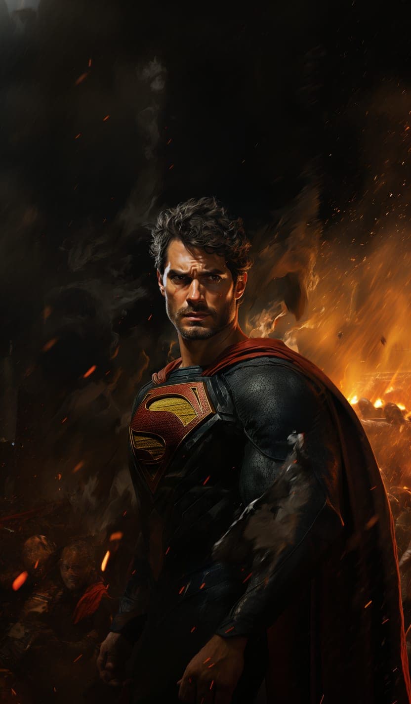 Midjourney prompt: Superman, in dynamic, atmosphere of darkness and h... - Midjourney