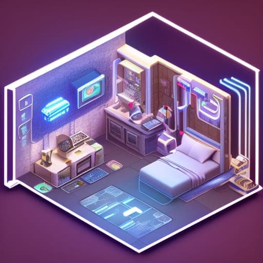 Openjourney prompt: cute isometric cyberpunk bedroom, cutaway box, fut...