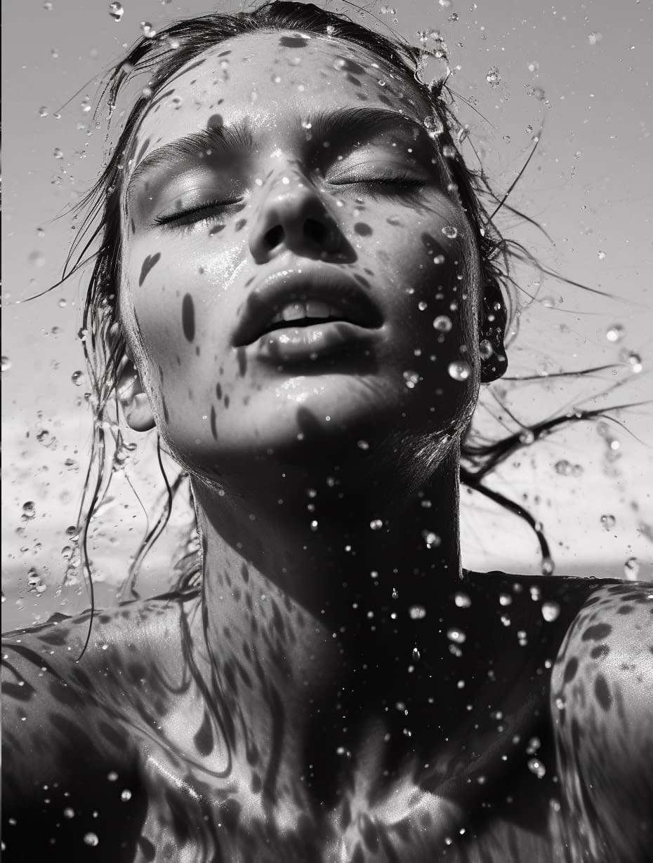 Midjourney prompt: a black and white photo of a woman in the water, m... - Midjourney