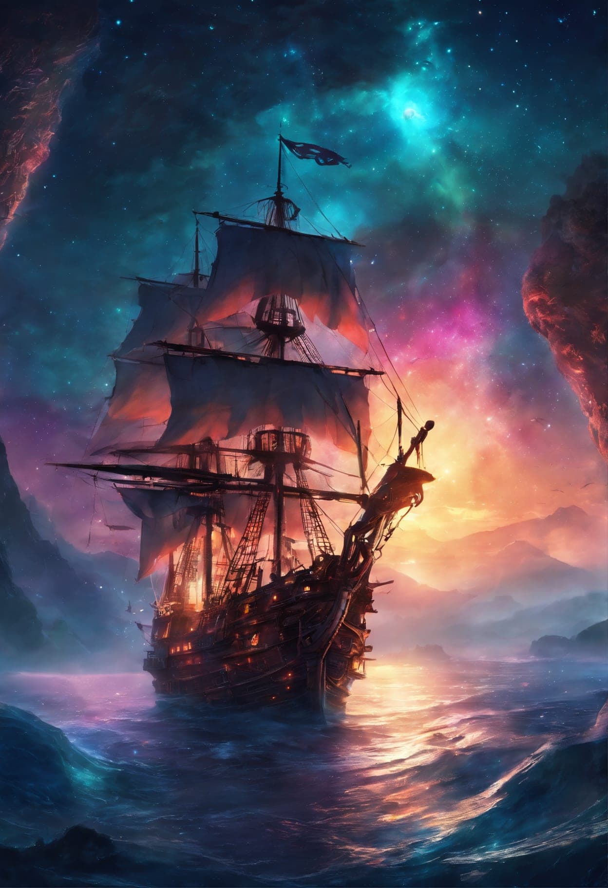 Stable Diffusion prompt: (Pirate ship sailing into a bioluminescence sea wi...