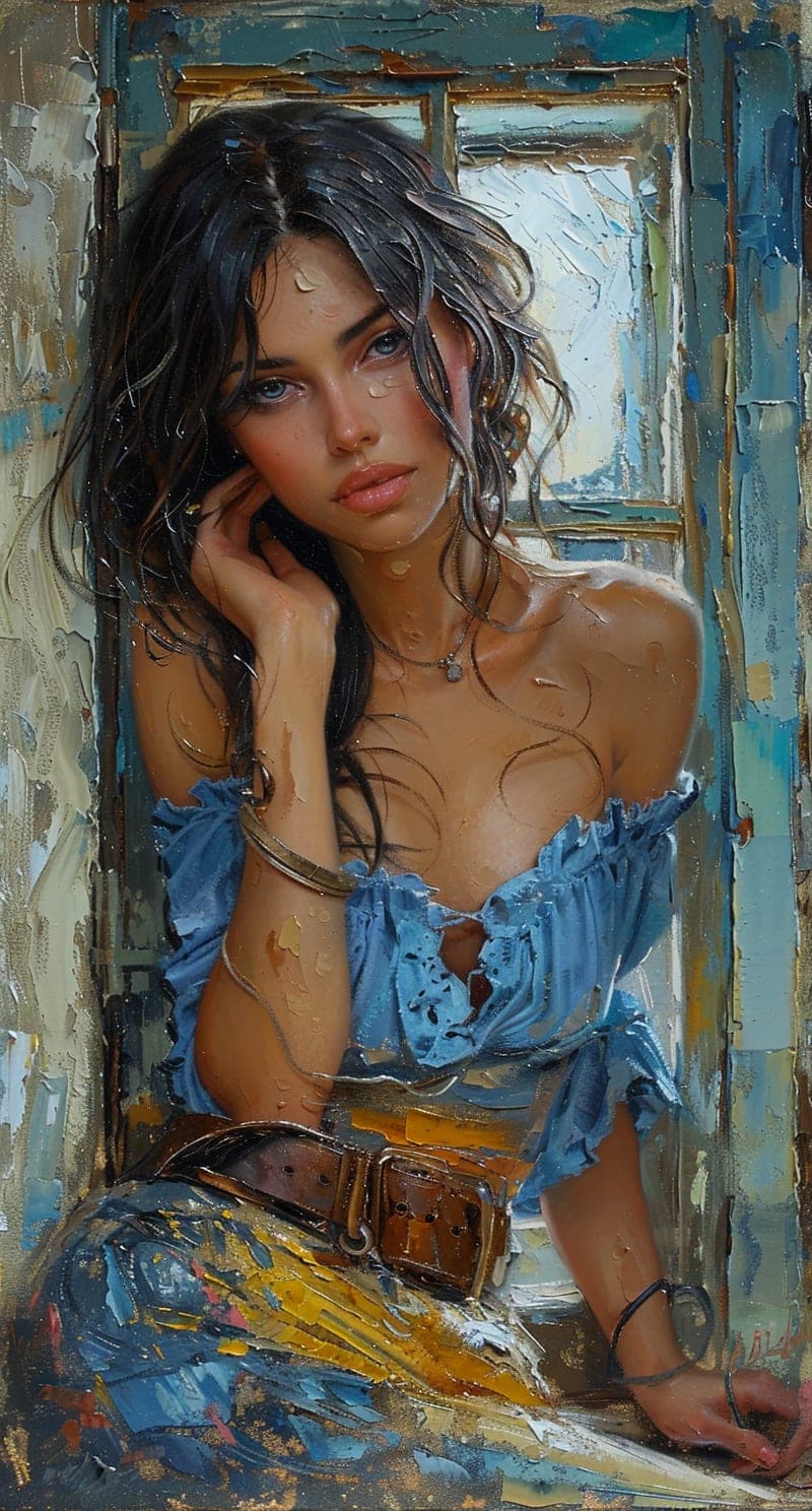 Midjourney prompt: a painting of a woman sitting near a window, in th... - Midjourney
