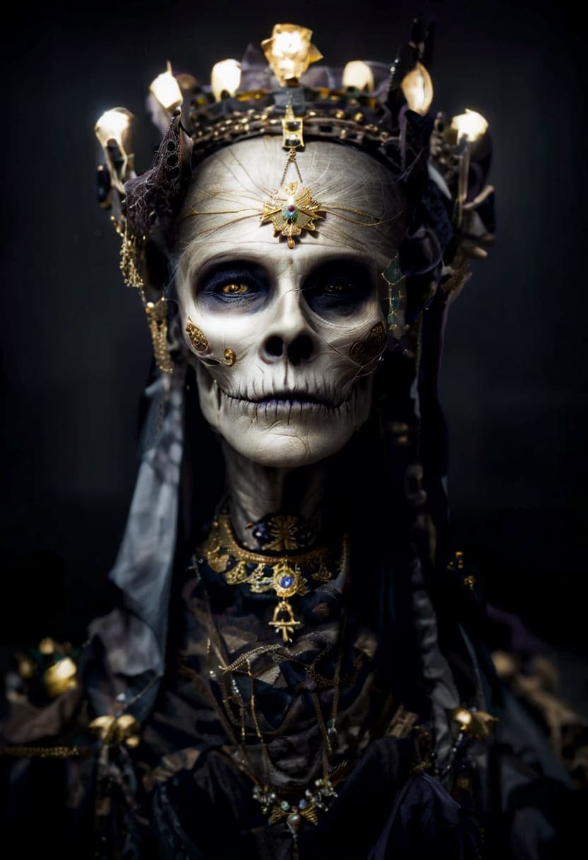 Stable Diffusion prompt: The image features a dead old queen in full attrib...