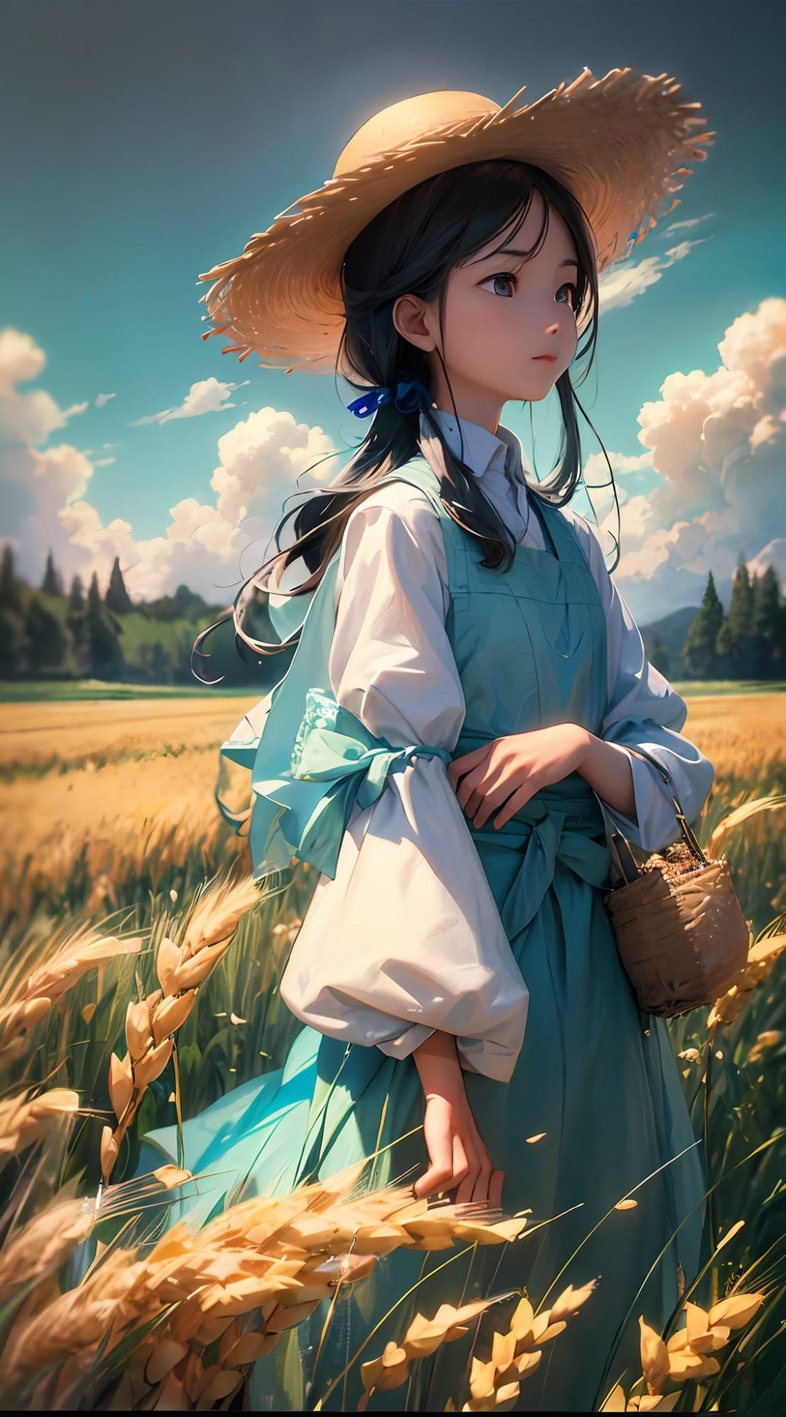 Deliberate prompt: Wheat field, a farmer uncle with a straw hat stand...