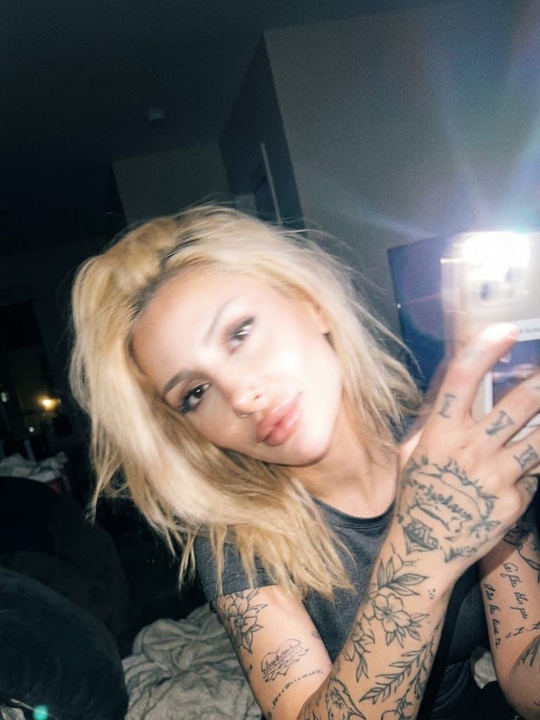 Blonde Tattooed Girl Mirror Selfie