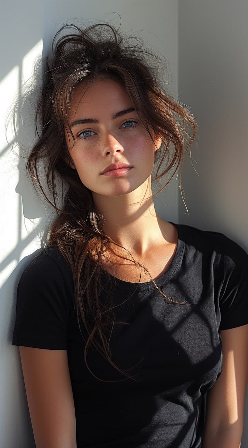 Midjourney prompt: woman in a black tshirt, in the style of sterling ...