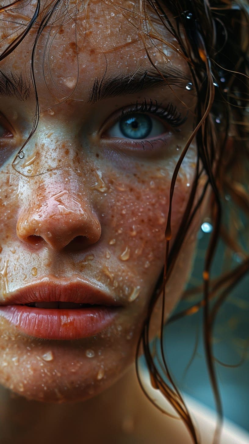 Midjourney prompt: the face of woman with beautiful blue eyes, in wat... - Midjourney