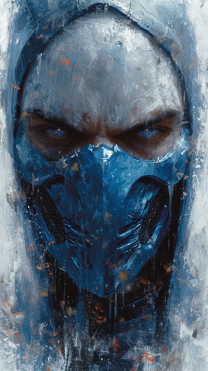 Midjourney prompt: Sub Zero from Mortal Kombat, skull face, cold whit...