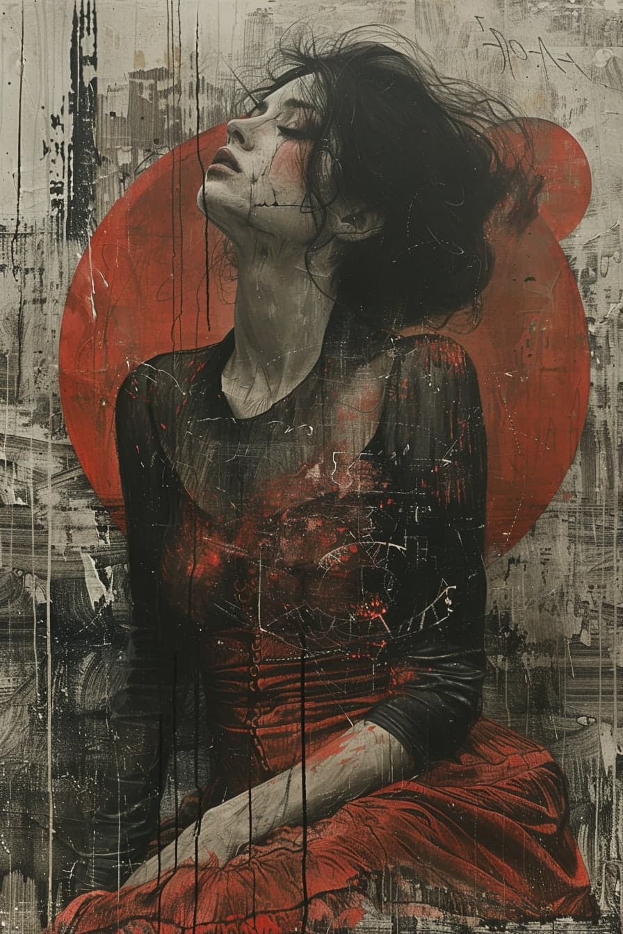 Midjourney prompt: Mixed media artwork + Emotional cyborg girl + Eleg...