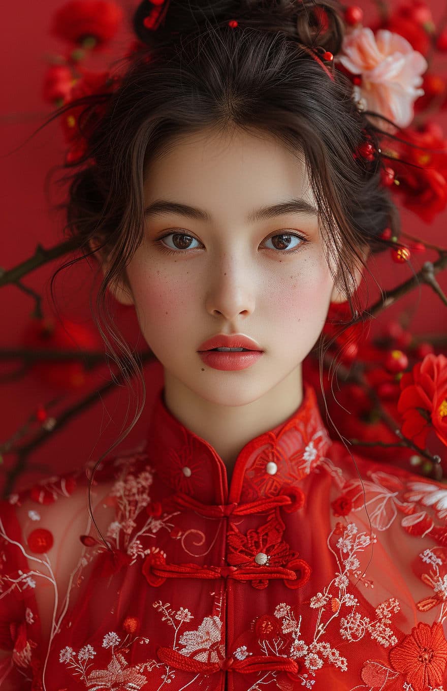 Midjourney prompt: chinese red blouse, in the style of dreamy and rom...