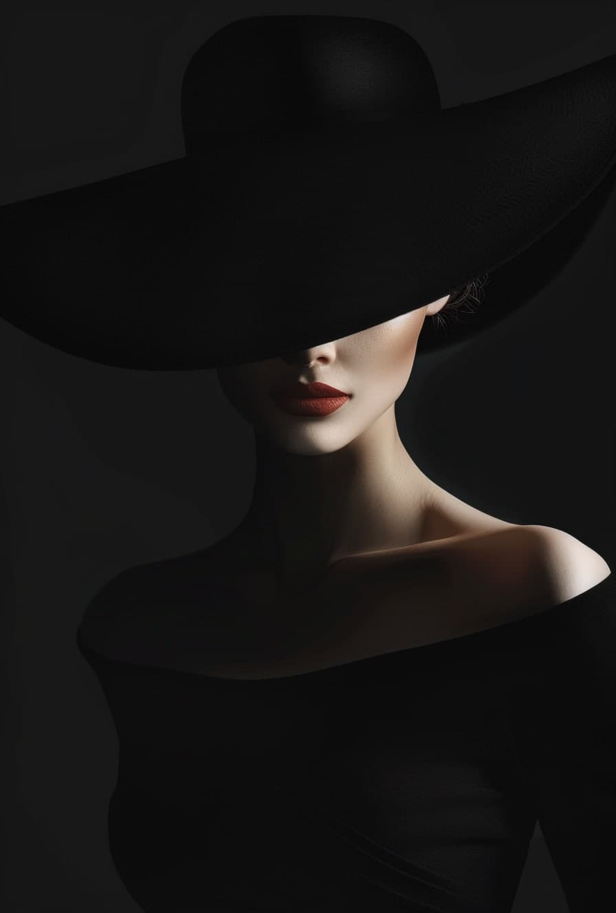 Midjourney prompt: a woman in a black dress is wearing a big hat to t... - Midjourney