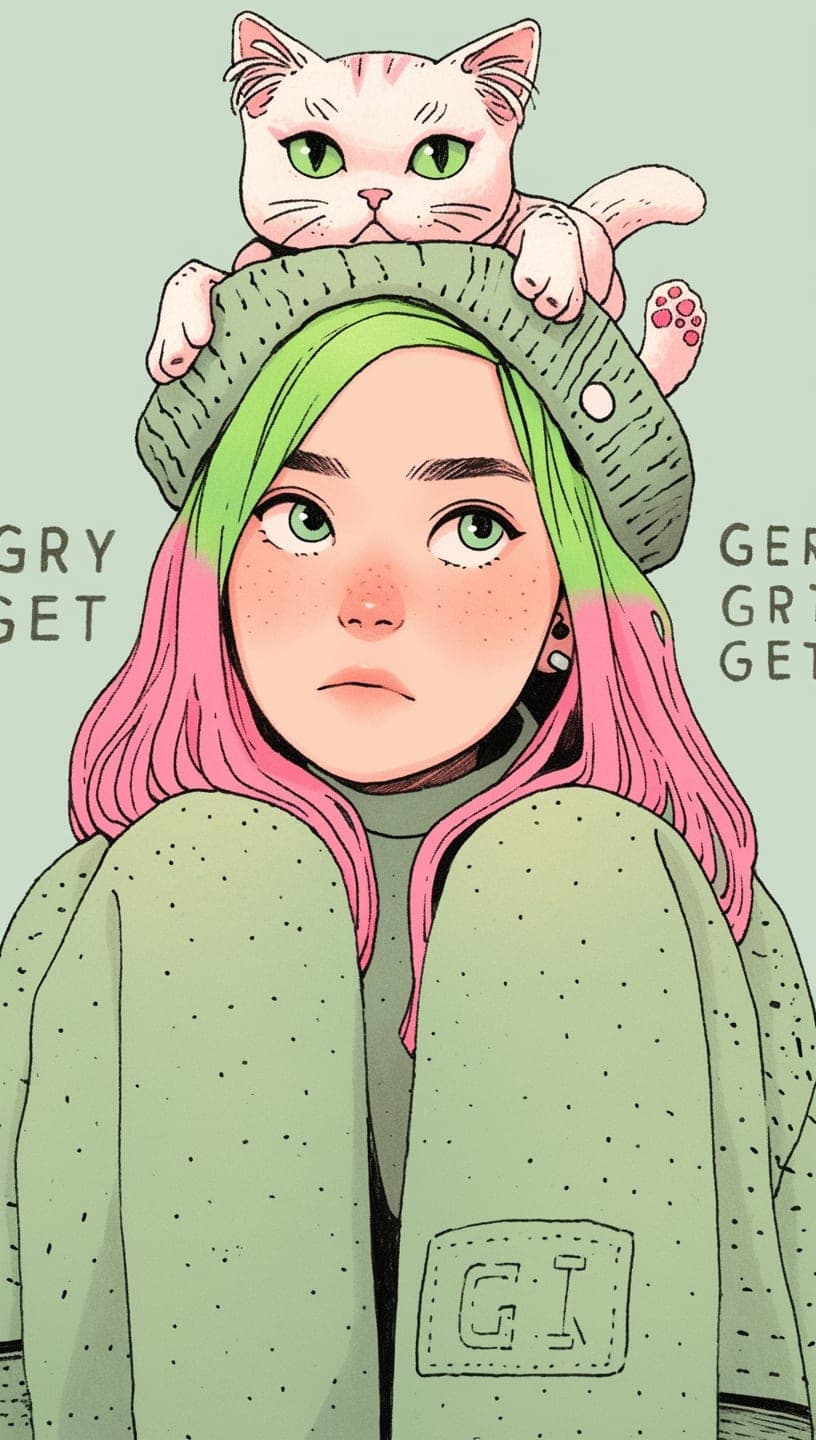 Midjourney prompt: An illustration of a quirky girl with pink hair, i...