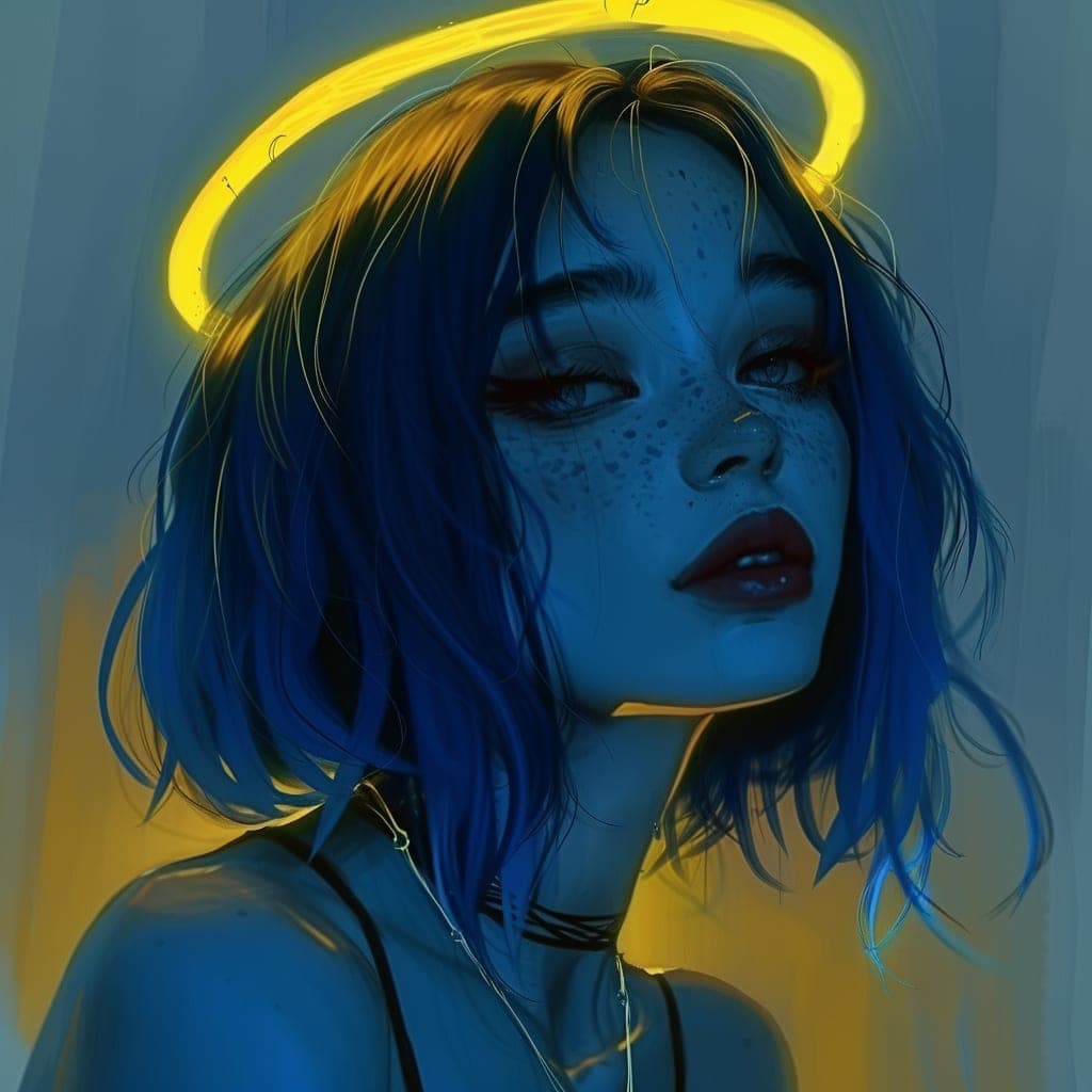 Midjourney prompt: a blue girl with gold angel halo head, in the styl... - Midjourney
