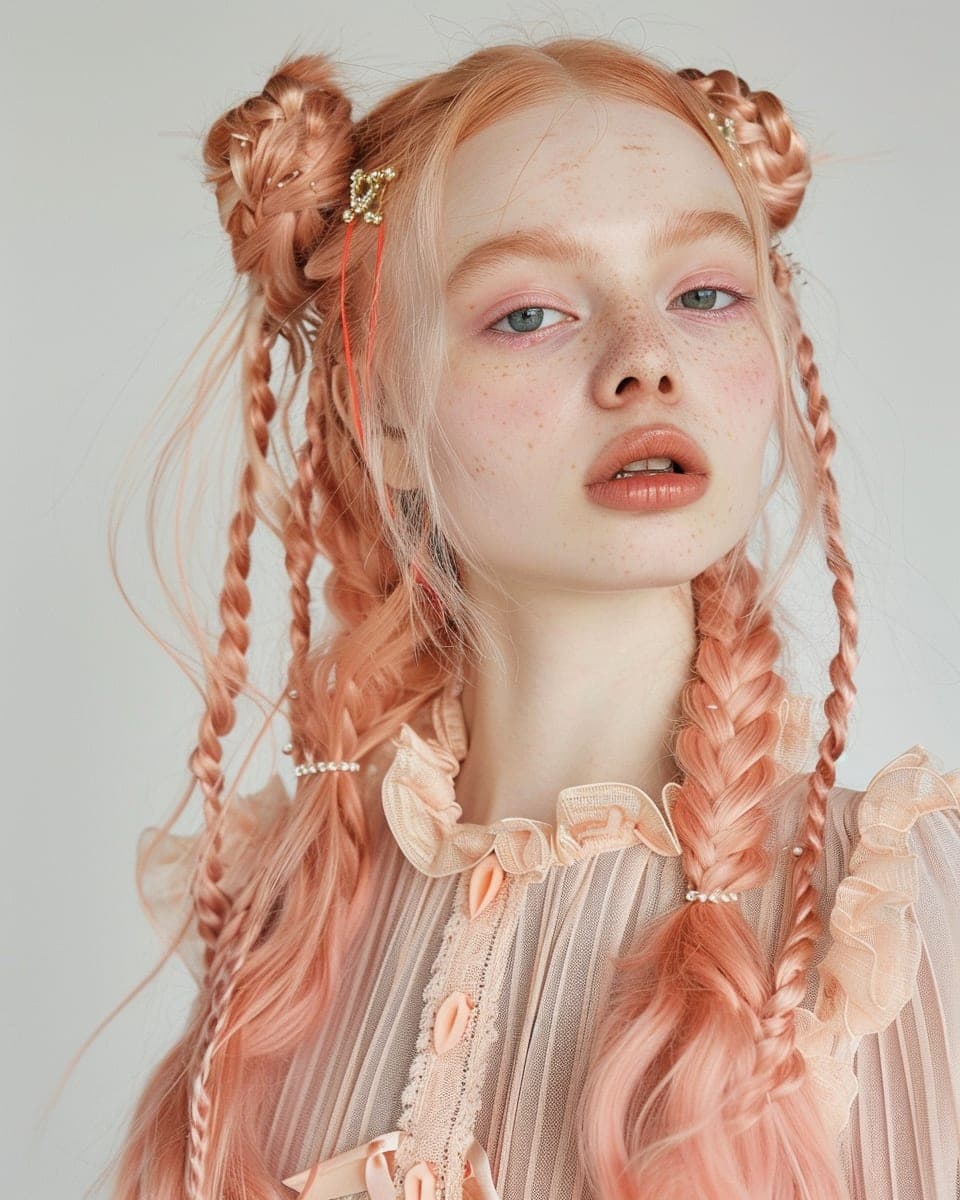 Midjourney prompt: Vogue Runway Model with long Pigtails in the style... - Midjourney