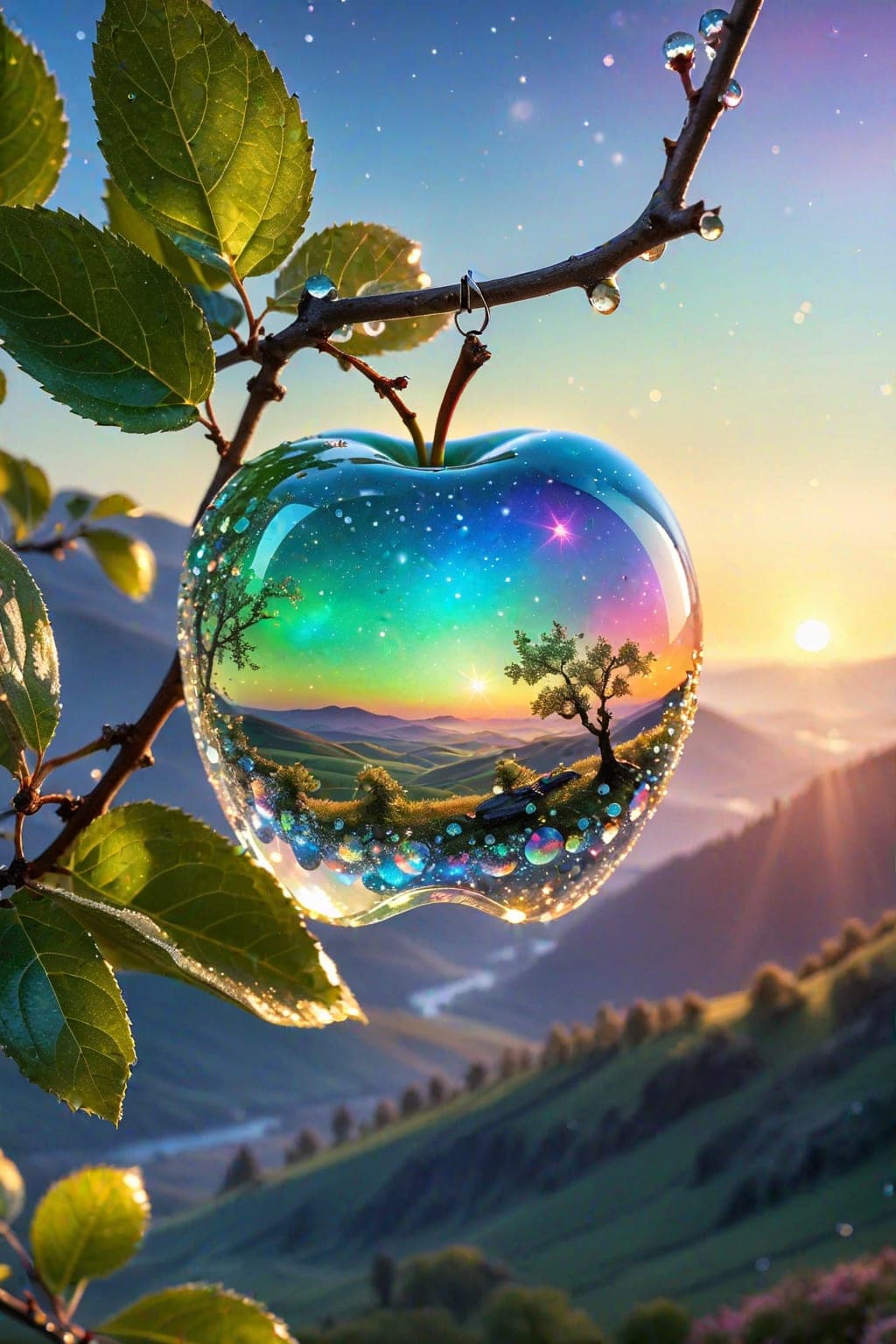 Stable Diffusion prompt: a delicate apple made of opal hung on branch in th... - Stable Diffusion