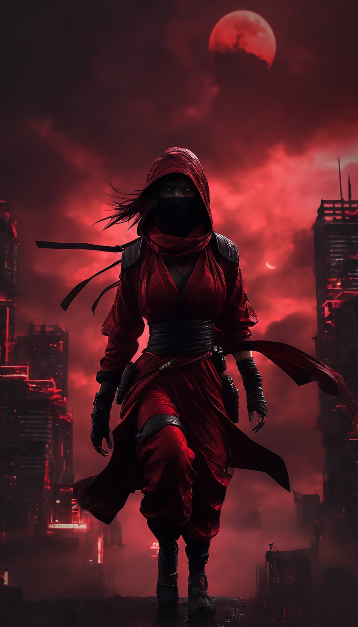 Stable Diffusion prompt: a female assassin ninja in red and black ninja out...