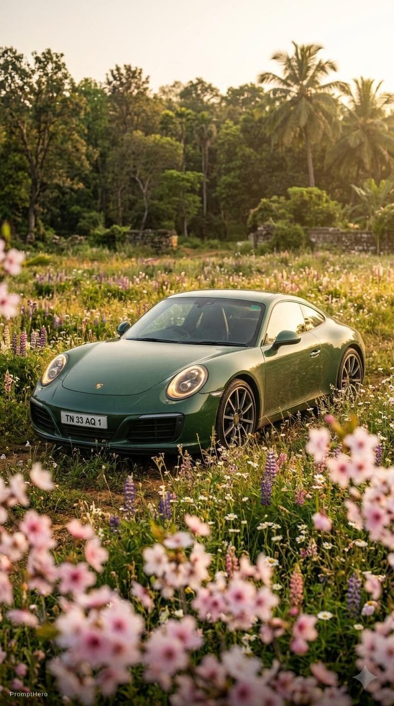 Hero prompt: extremely low shot of a forest green porche 911 in...