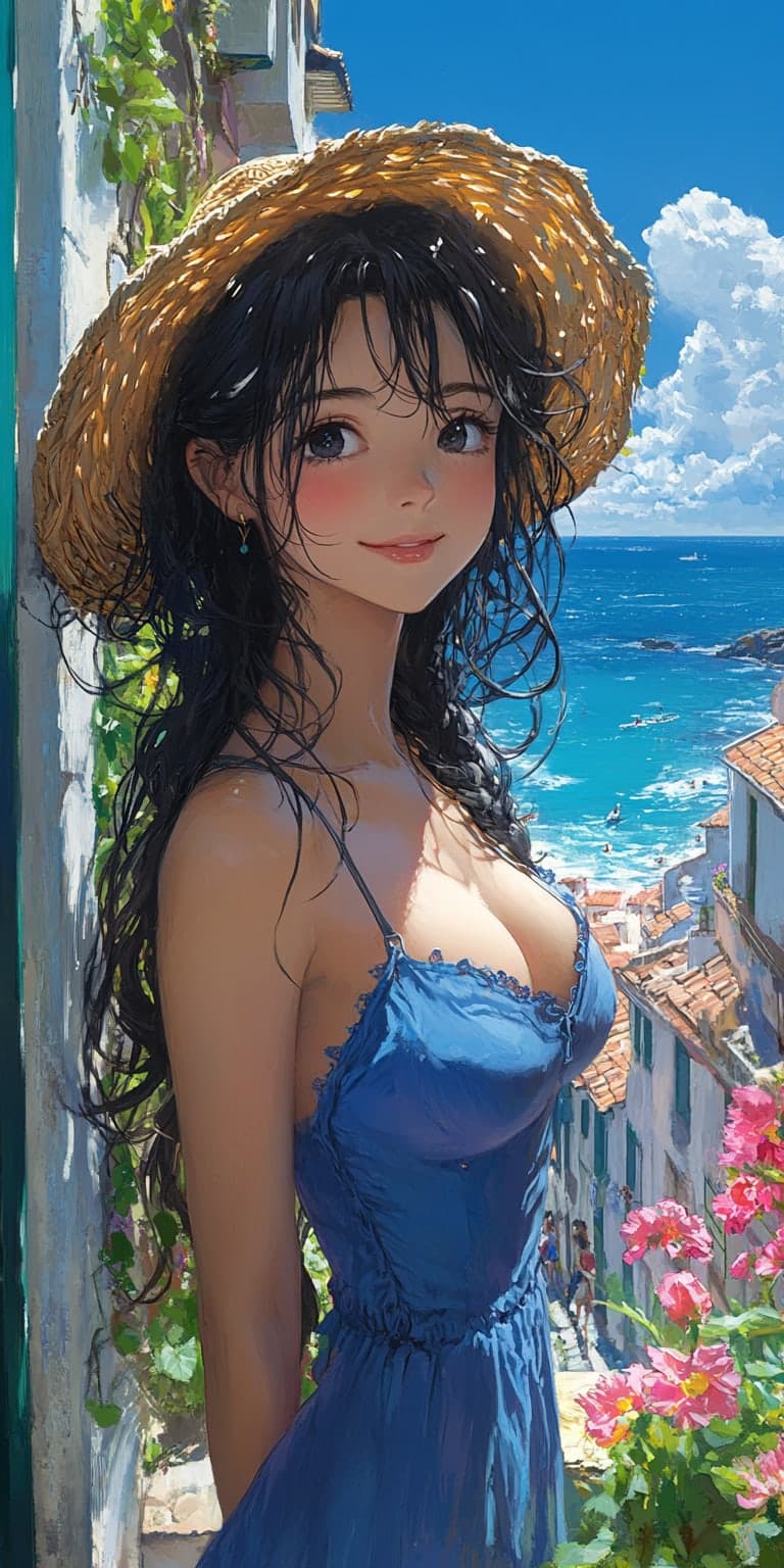 Midjourney prompt: An anime girl in a blue dress and straw hat, with ... - Midjourney