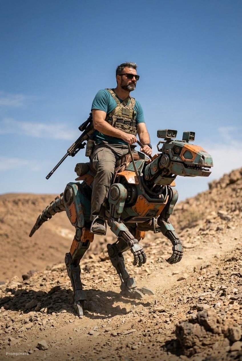 Hero prompt: A lone desert scout riding a robotic reptile-like ... - Hero