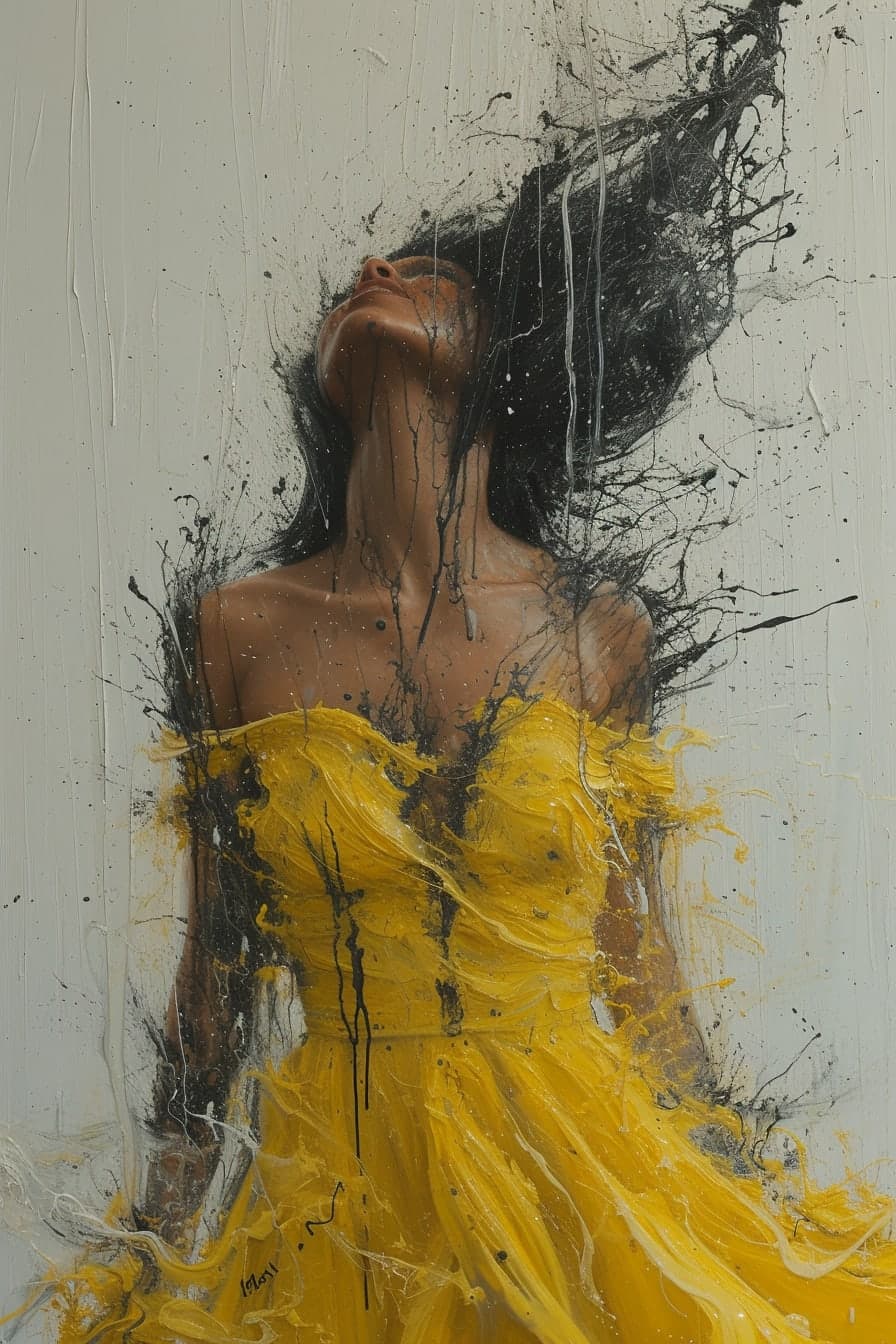 Midjourney prompt: a painting of a woman wearing a yellow dress, in t... - Midjourney