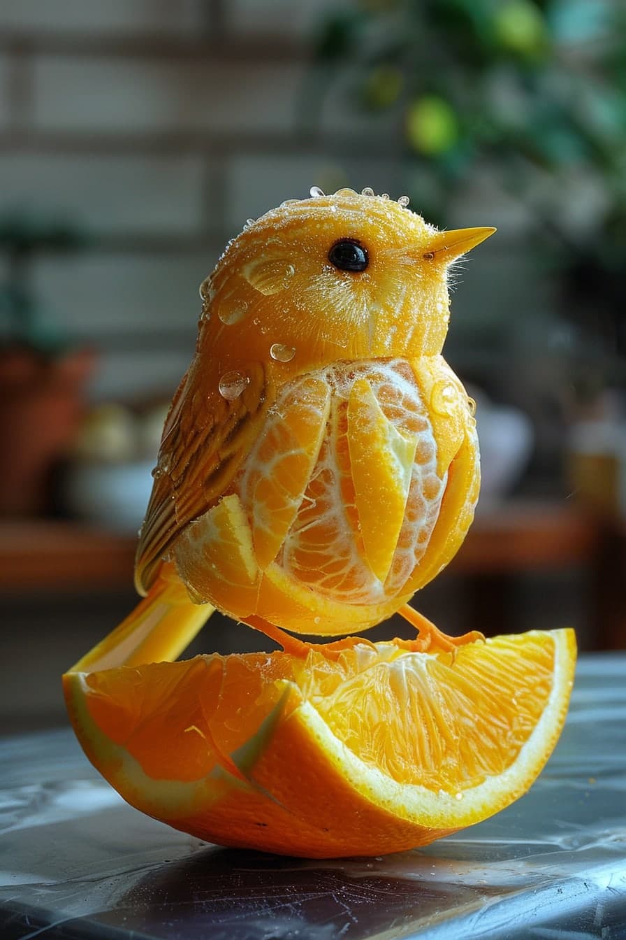 Midjourney prompt: a little bird made of a fresh orange that has been...