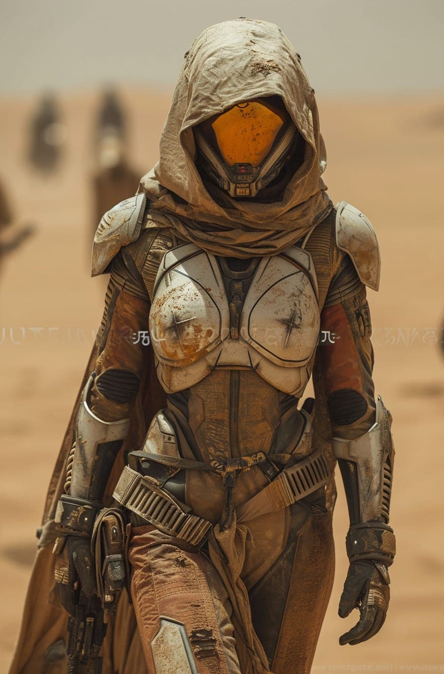 Midjourney prompt: female in futuristic armor in a desert on Mars-lik... - Midjourney
