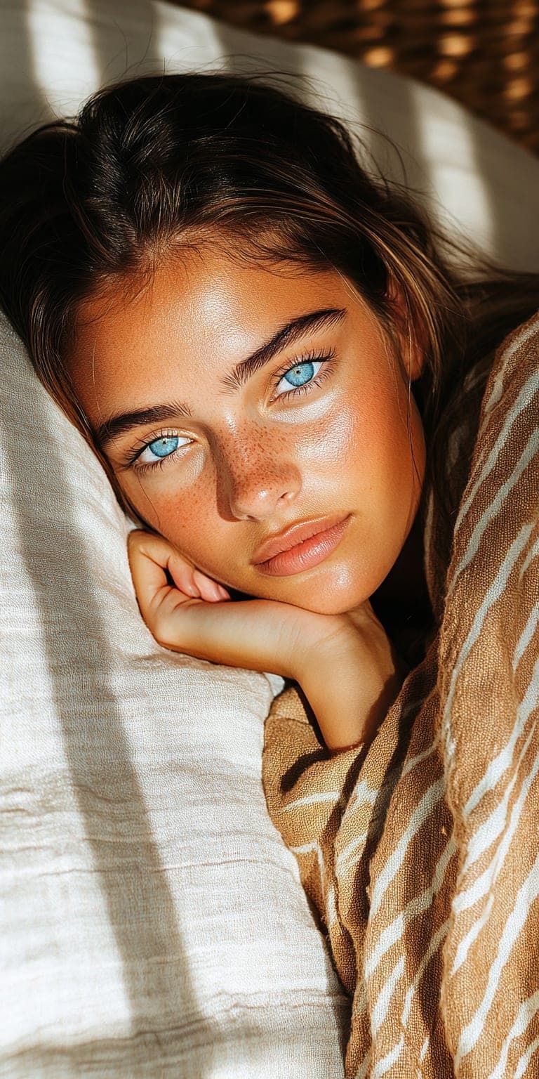 Midjourney prompt: an attractive young woman with blue eyes lying fac...