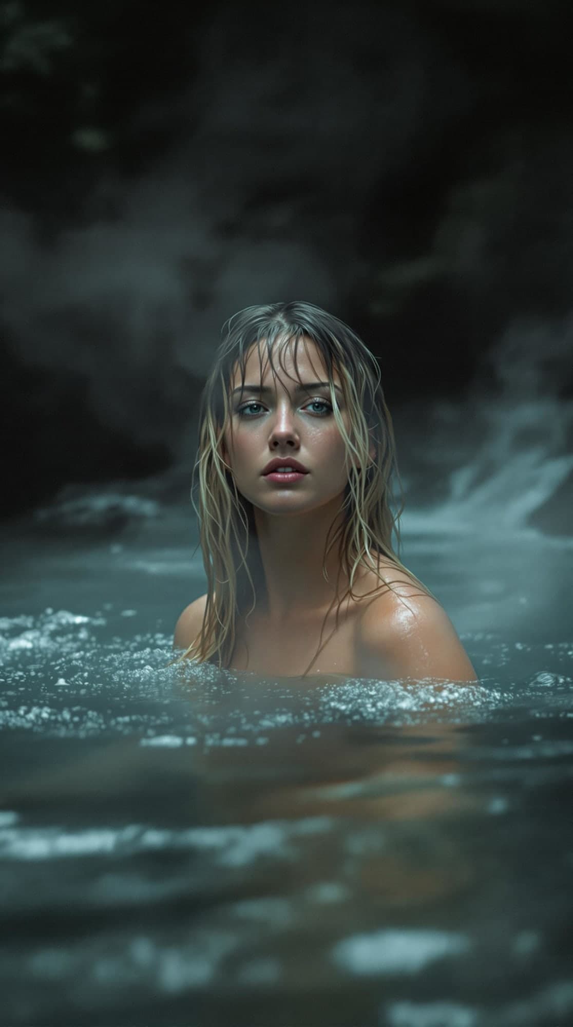 FLUX prompt: hot spring in a river flow, steam rises from the w...