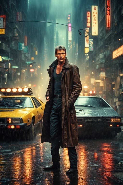 Stable Diffusion prompt: Young Harrison Ford in blade runner, photo, light ...