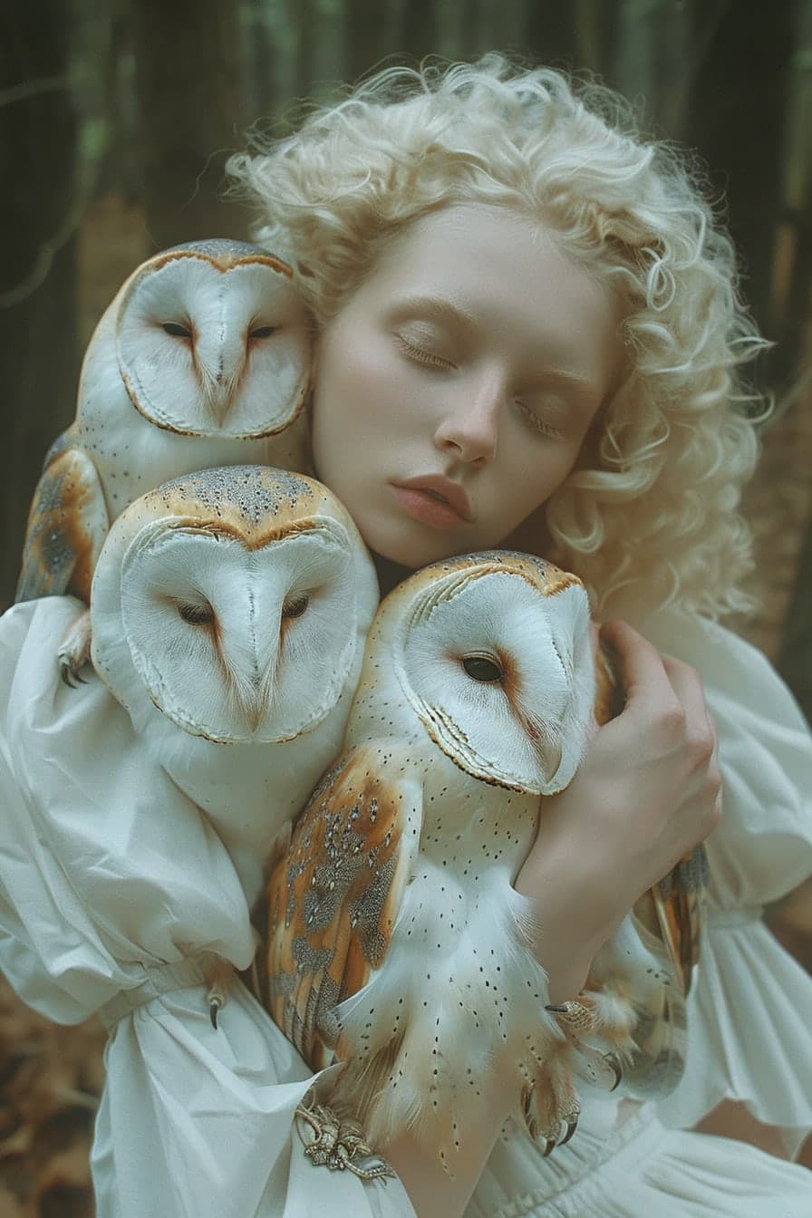 Midjourney prompt: images of woman with her owls, in the style of eth...