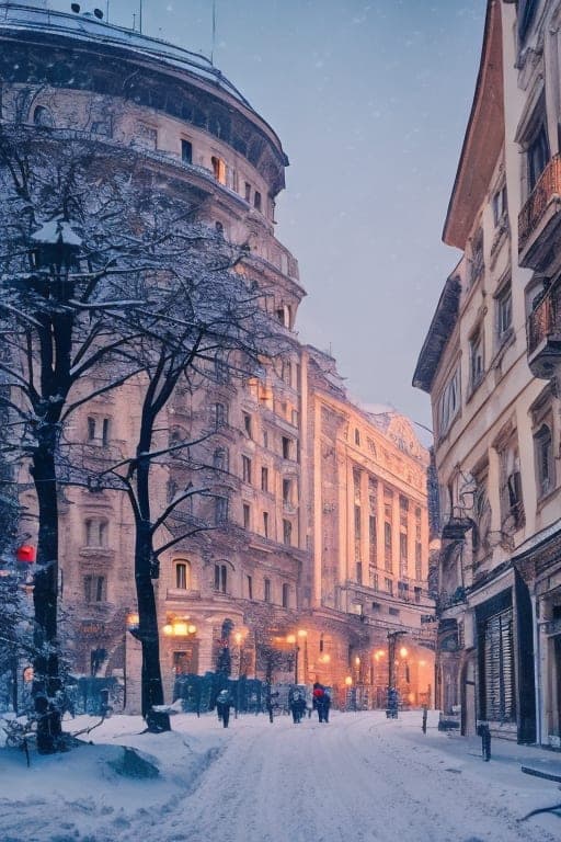 Openjourney prompt: Bucharest| street| old town| old city| winter| hea...
