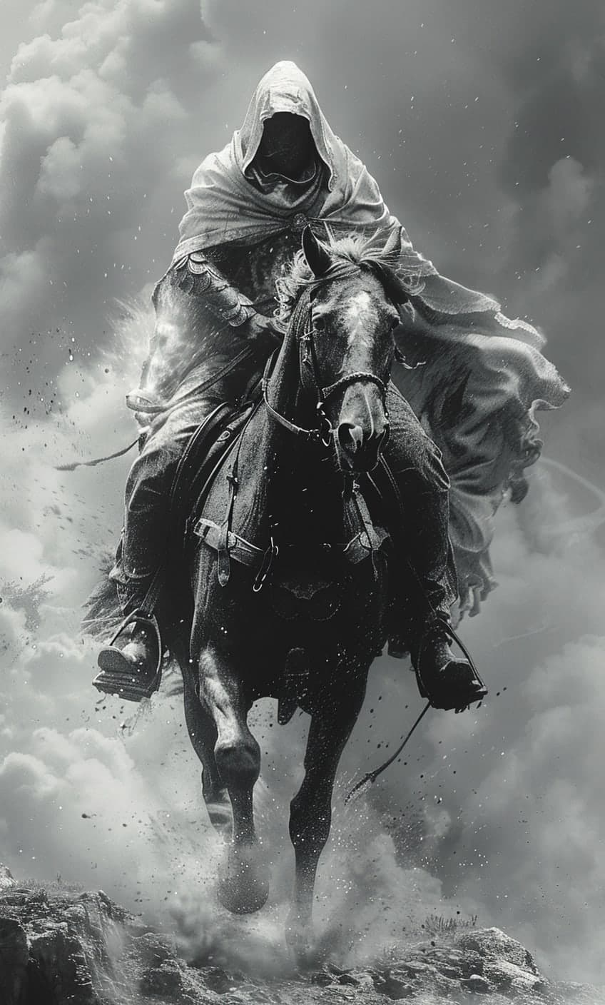 Midjourney prompt: Black and white art of a hooded knight riding his ...