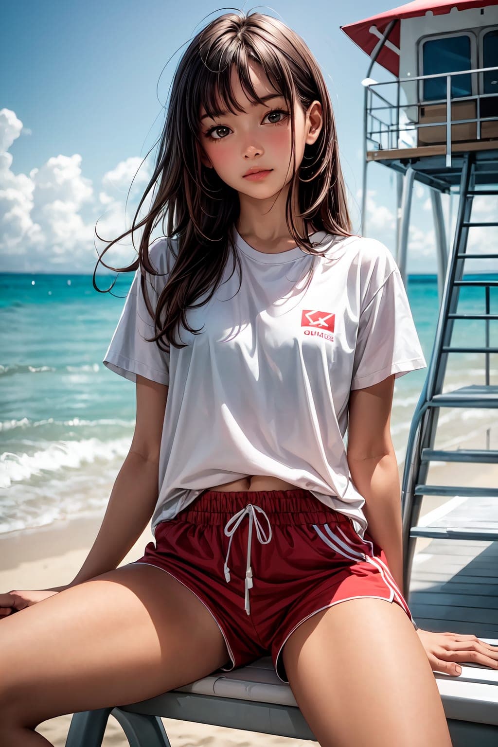 Stable Diffusion prompt: 1girl, a girl as a lifeguard, sitting in the sun o... - Stable Diffusion