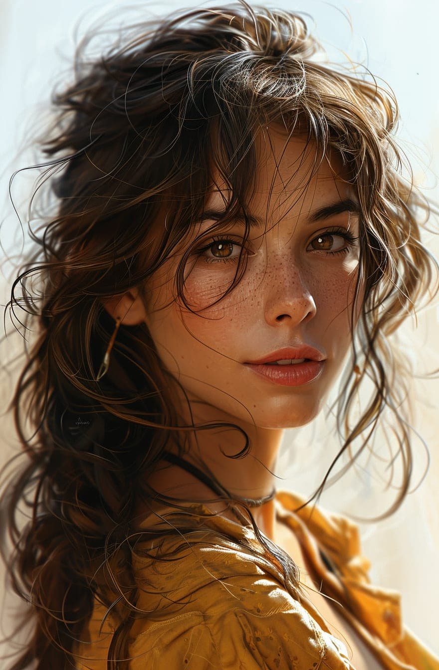 Midjourney prompt: an illustration of a woman with long brown hair, i...