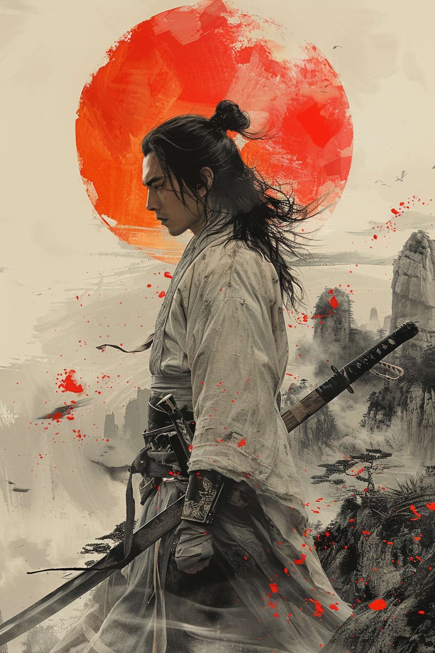 Midjourney prompt: Asian-styled illustration of a man holding a sword... - Midjourney