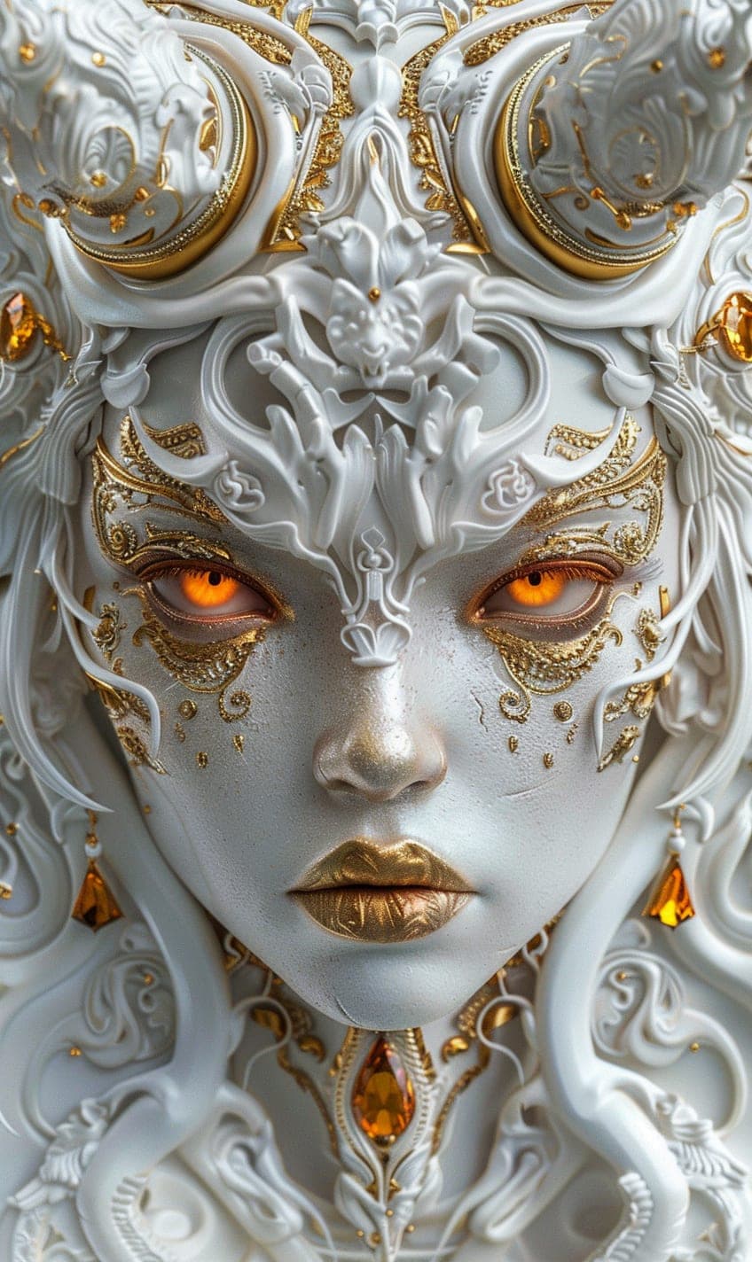 Midjourney prompt: the face of a woman dressed in demon attire, in th...