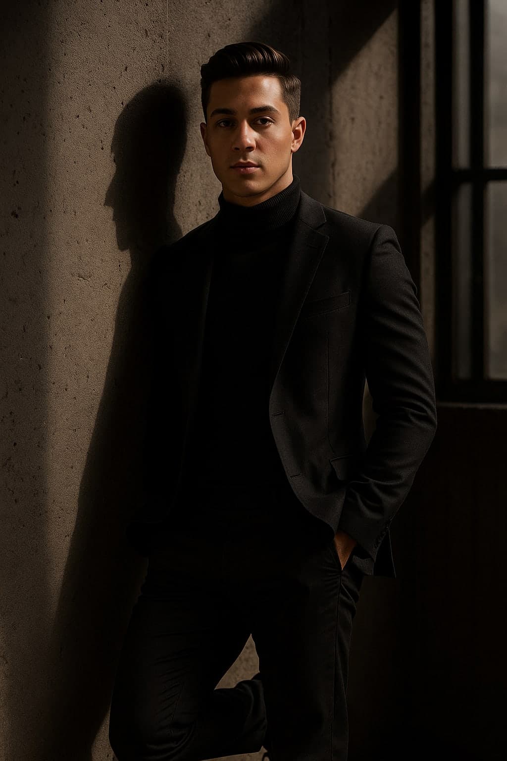 ChatGPT Image prompt: this as A man in a tailored black blazer and turt...