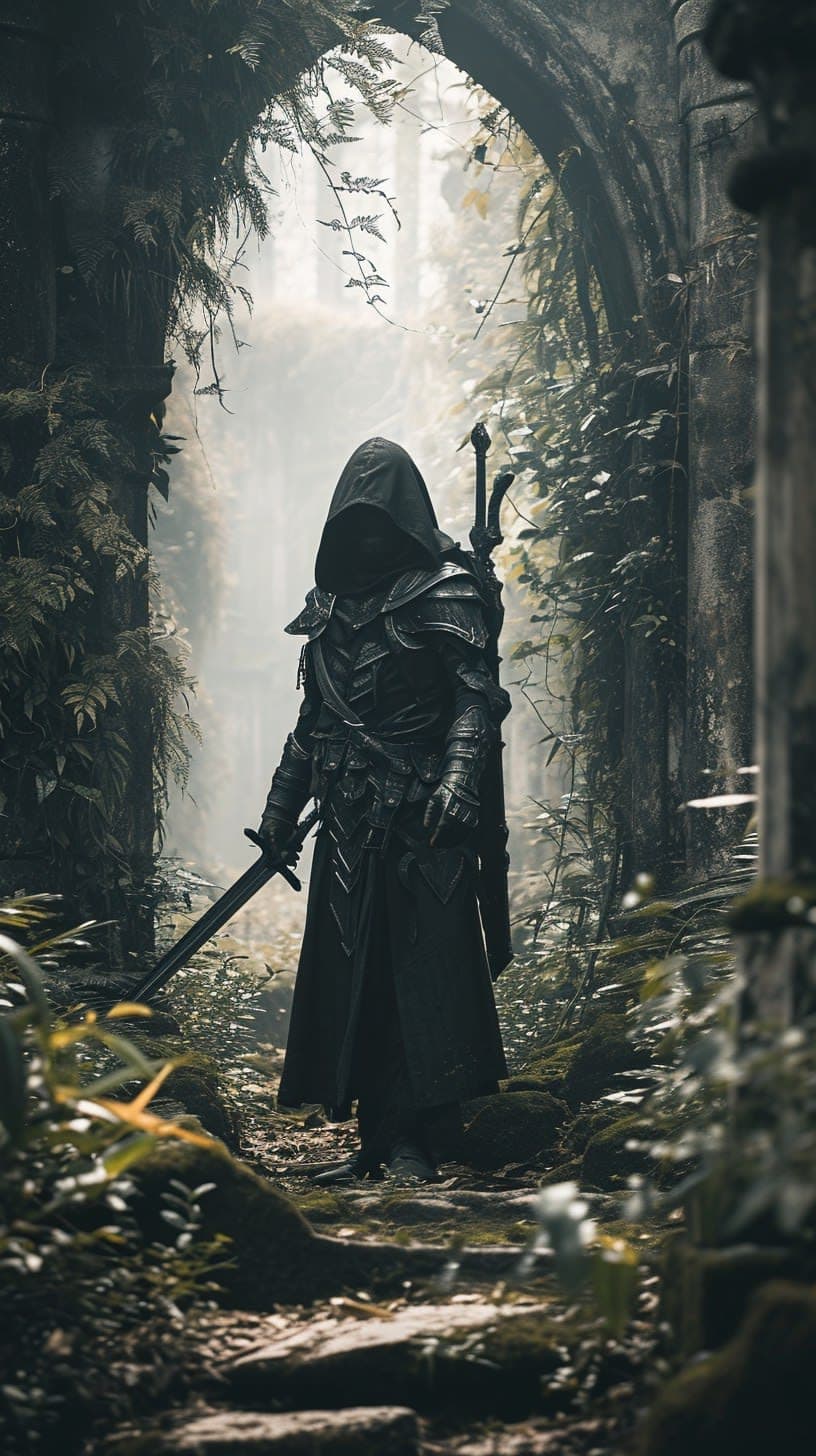 Midjourney prompt: The photo shows a figure in dark armor and hood ho...