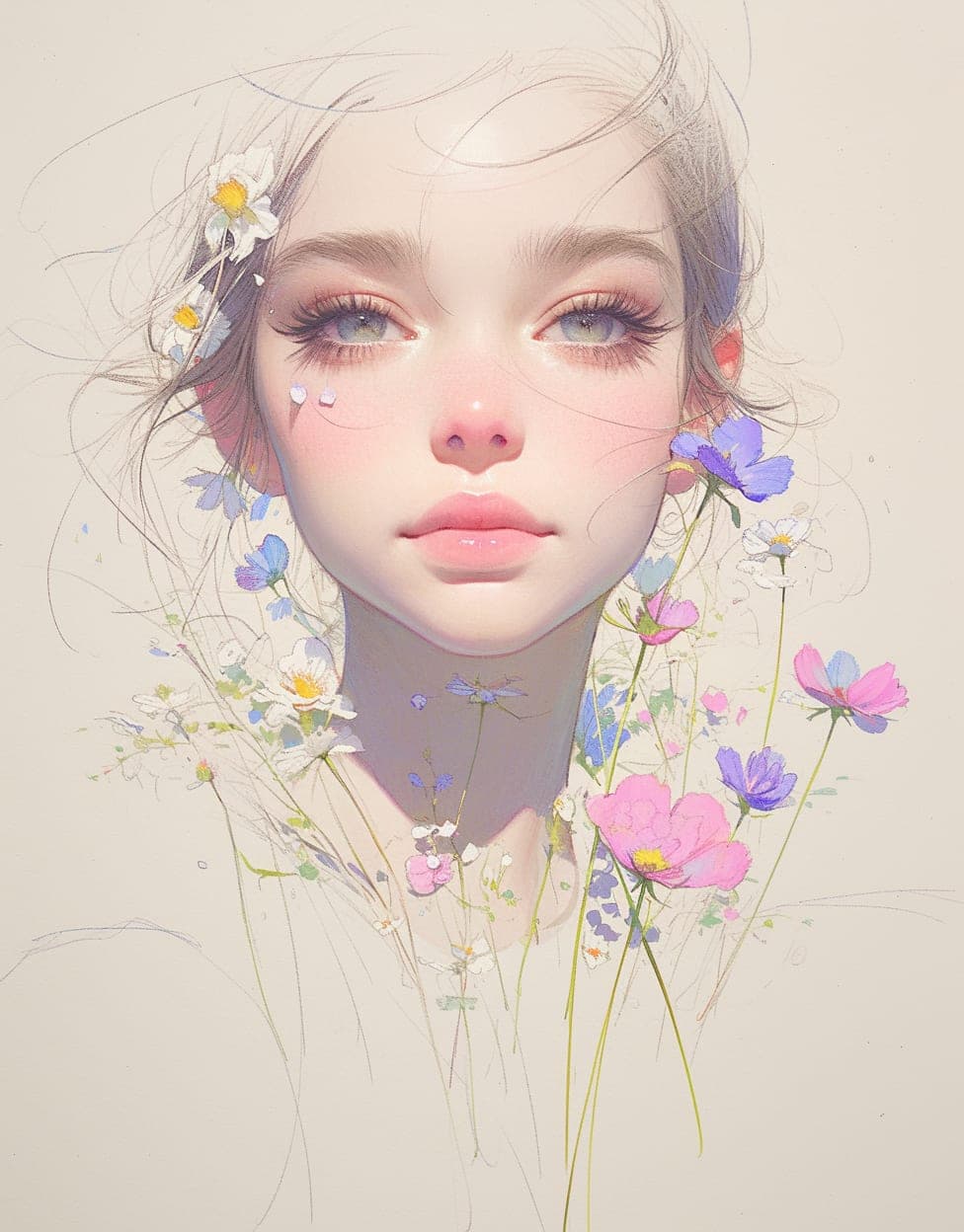 Midjourney prompt: picture of a girl dressed in flowers, in the style...