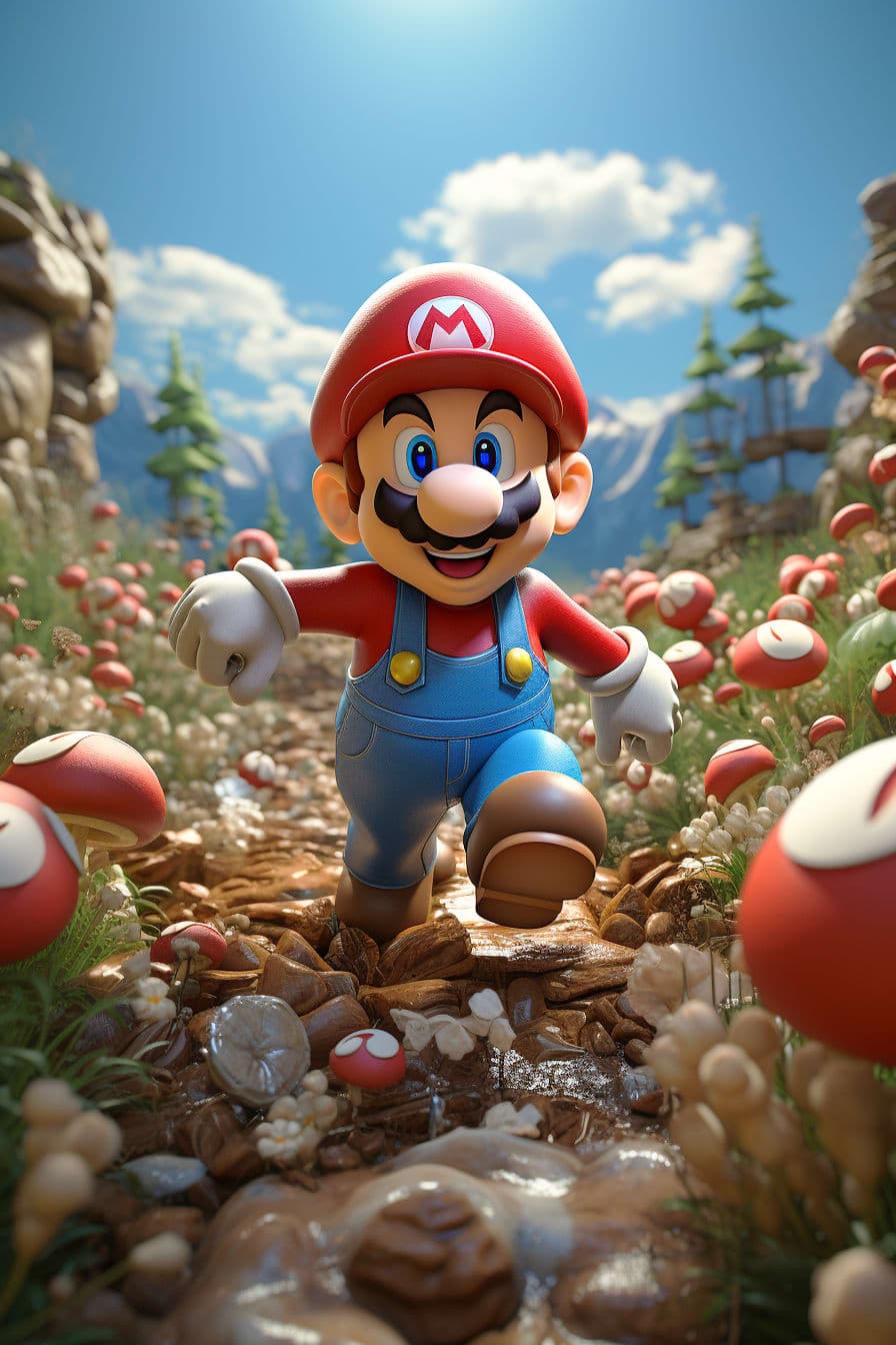 Midjourney prompt: Super-Mario running, Mushroom Kingdom background, ... - Midjourney