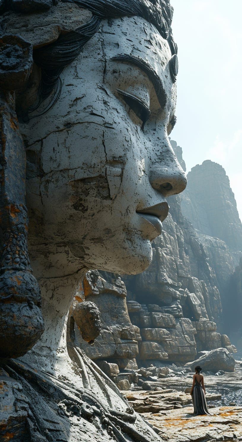 Midjourney prompt: a large statue with a woman looking at it, in the ...