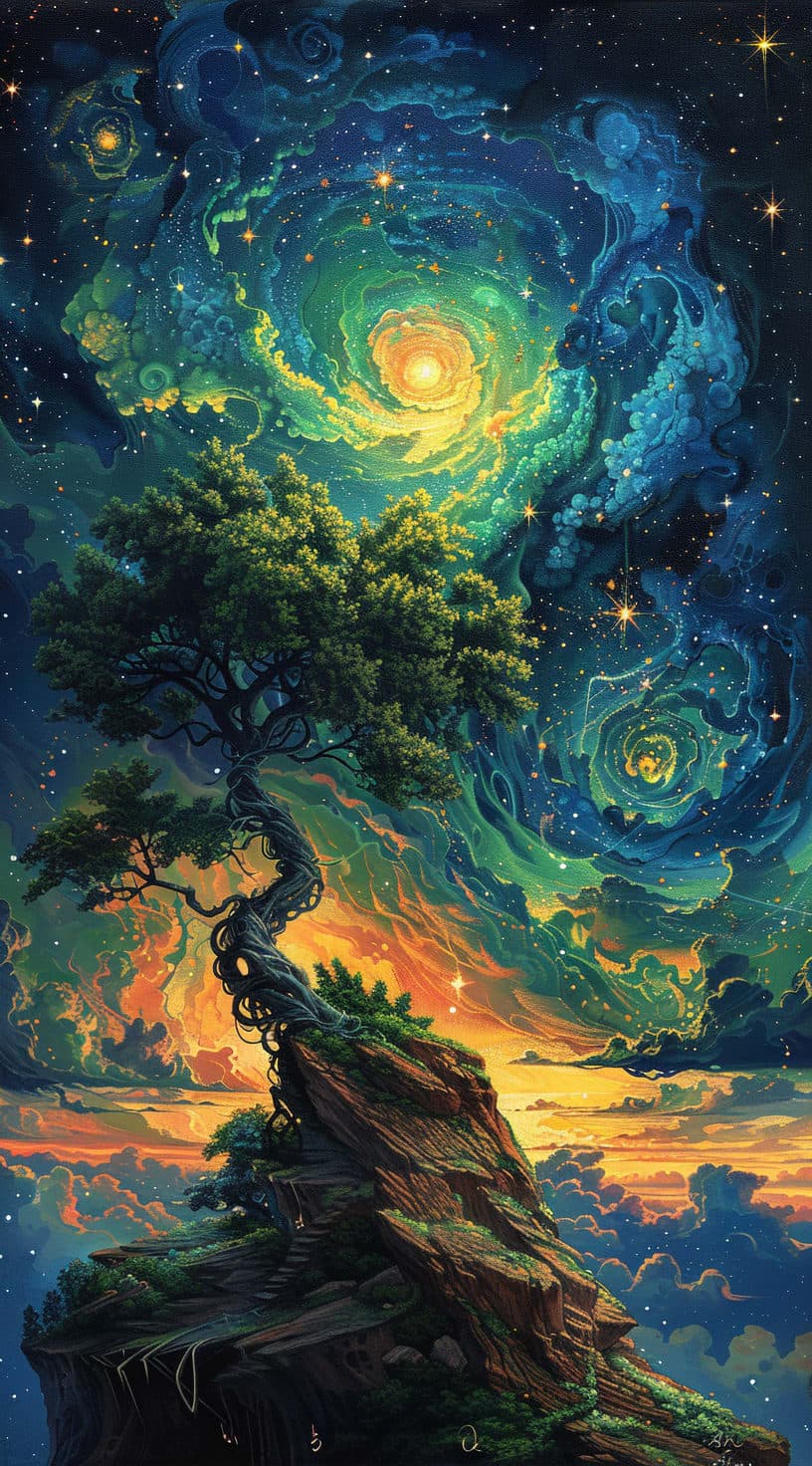 Midjourney prompt: bright painting of a tree with stars in the sky, i... - Midjourney