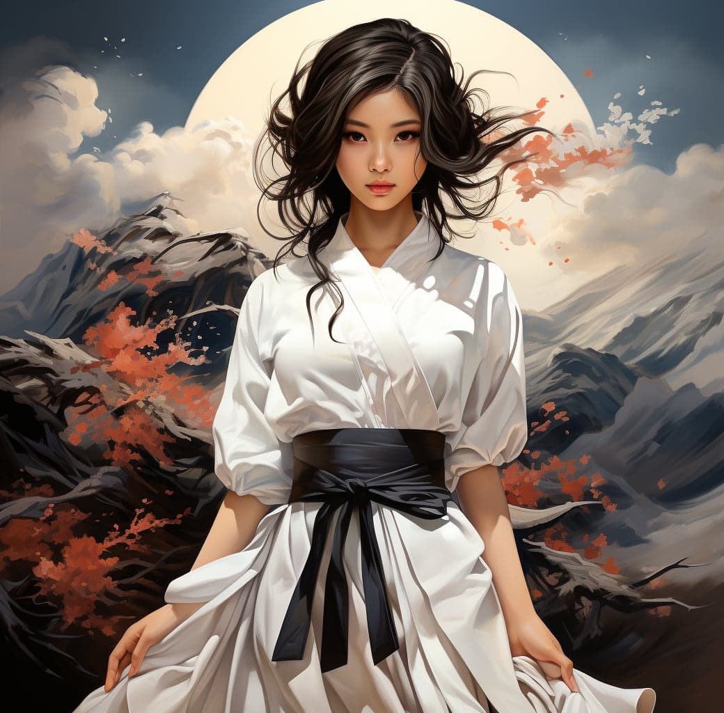 Midjourney prompt: anime girl in full white outfit holding Japanese t... - Midjourney