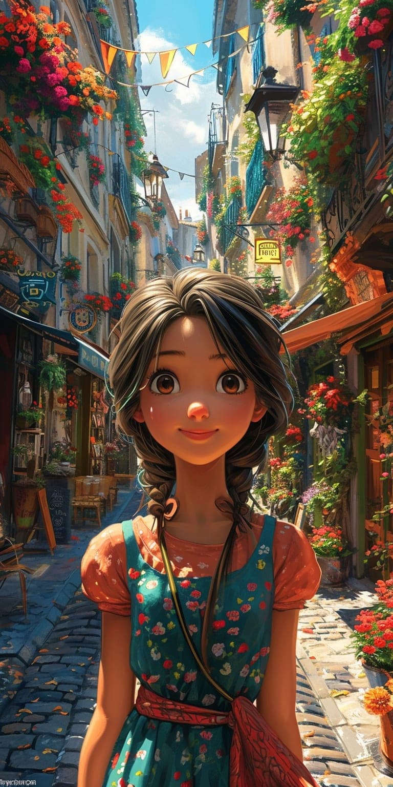 Midjourney prompt: an illustration of a girl walking down a street, i...