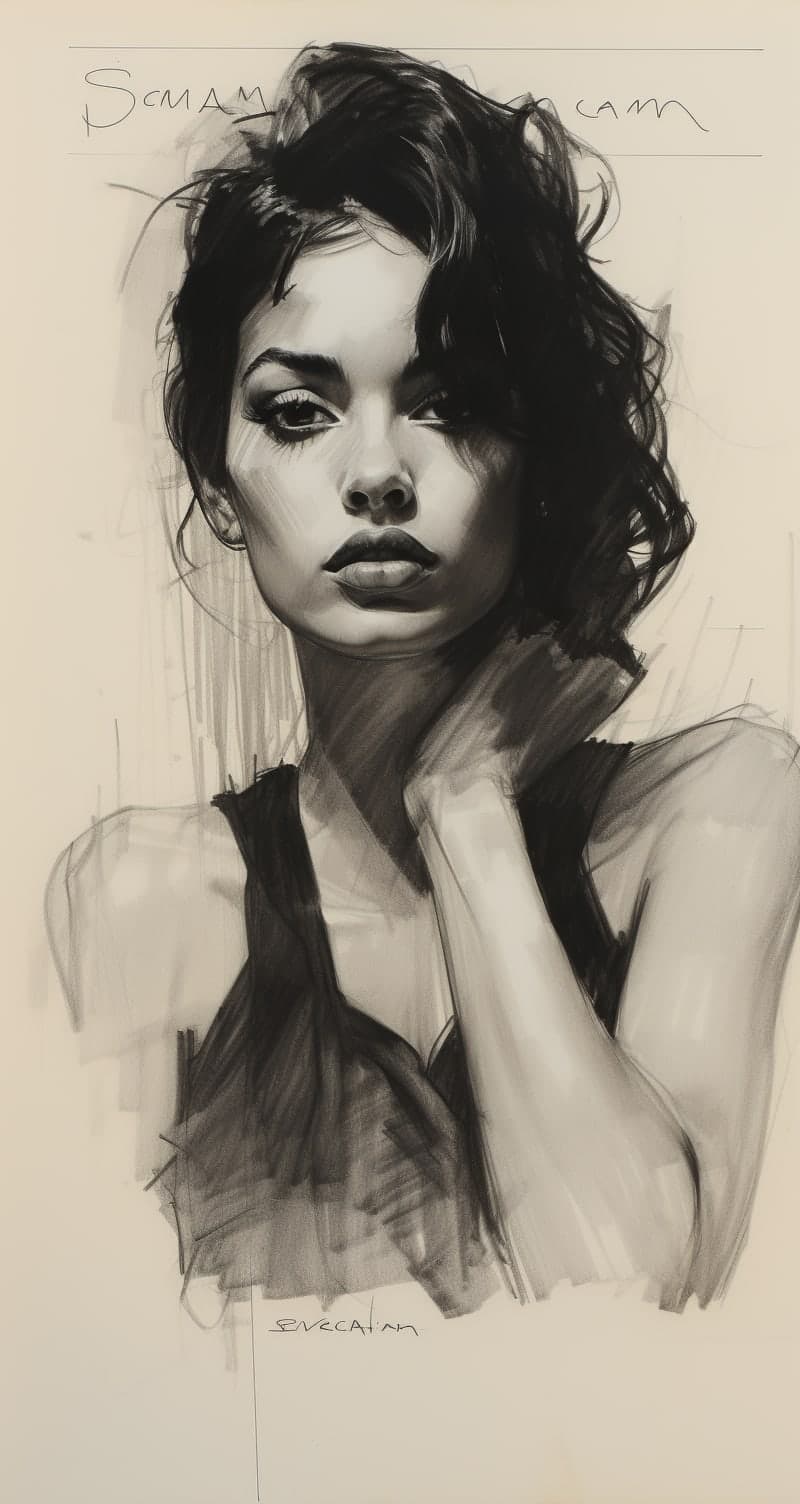 Midjourney prompt: Rough charcoal sketch on old paper, beautiful fema...