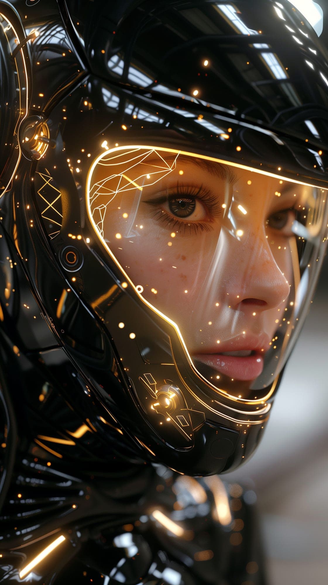 Midjourney prompt: woman wearing a cyberpunk style shiny black helmet... - Midjourney
