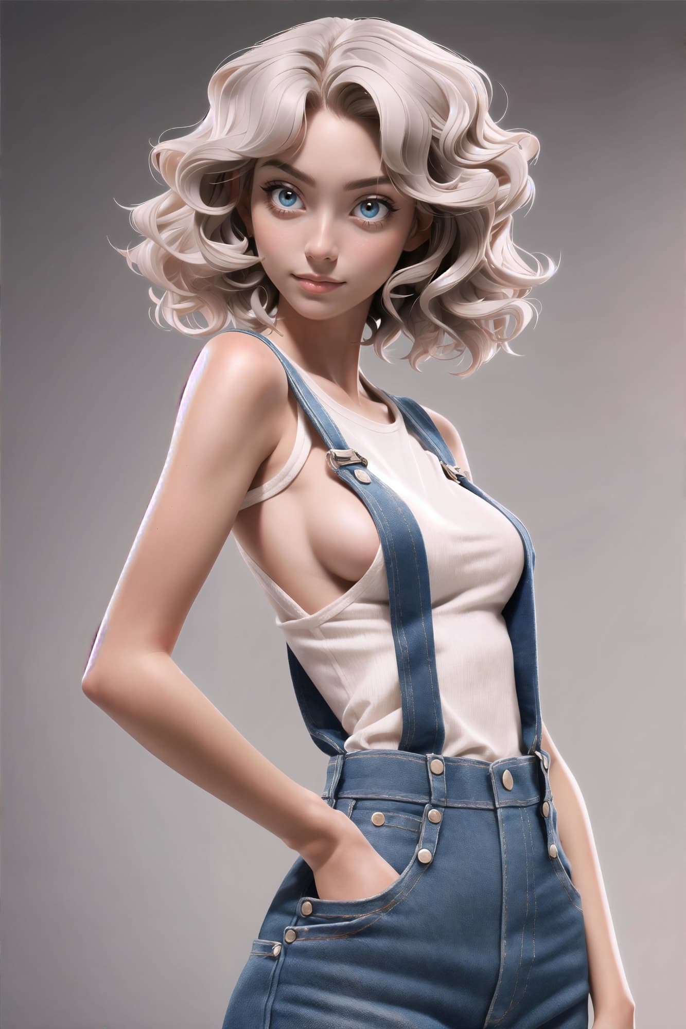 Midjourney prompt: slim, slender, looking at viewer, overalls, no bra... - Midjourney