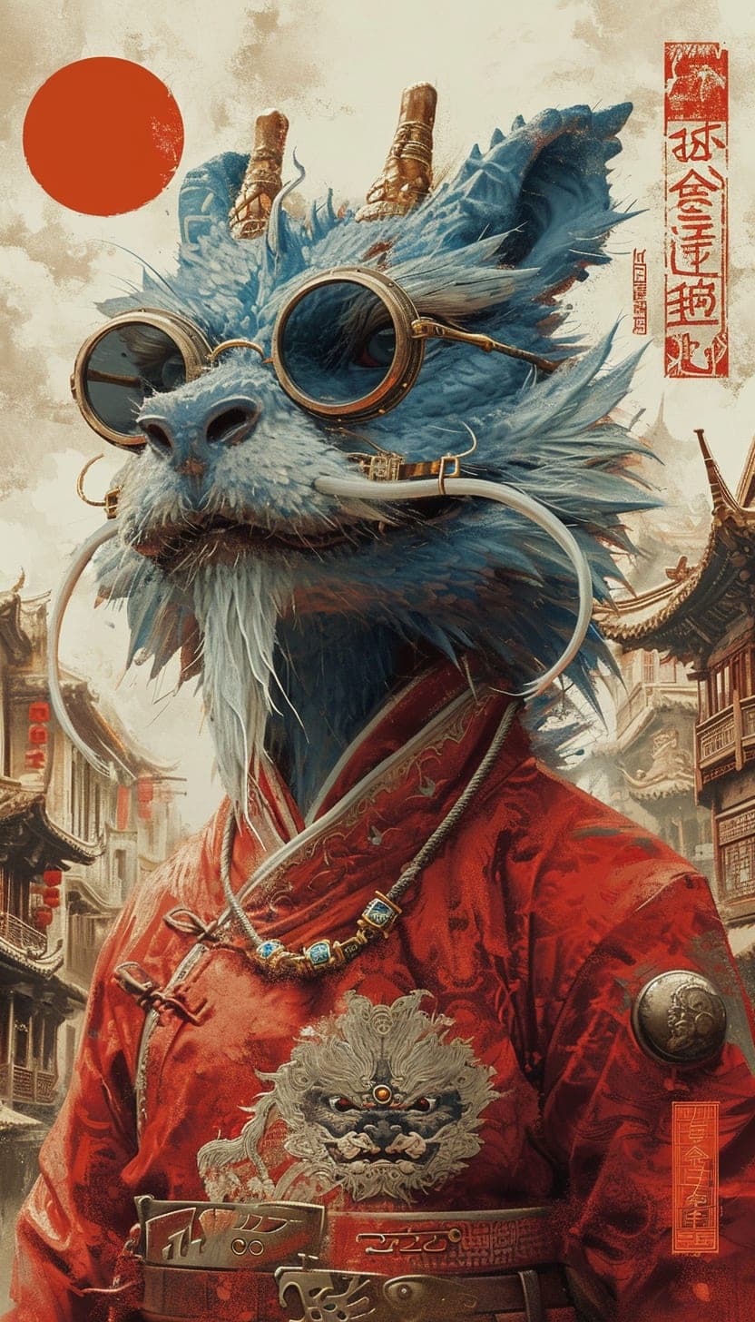 Midjourney prompt: poster of a blue dragon with sunglasses, in the st...