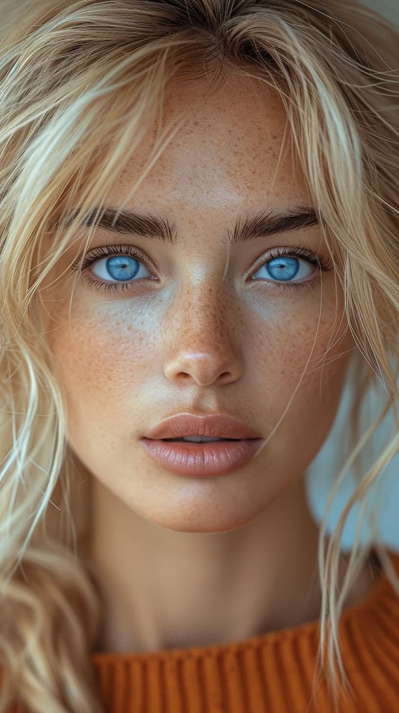 Midjourney prompt: a blonde woman with blue eyes, in the style of nat...